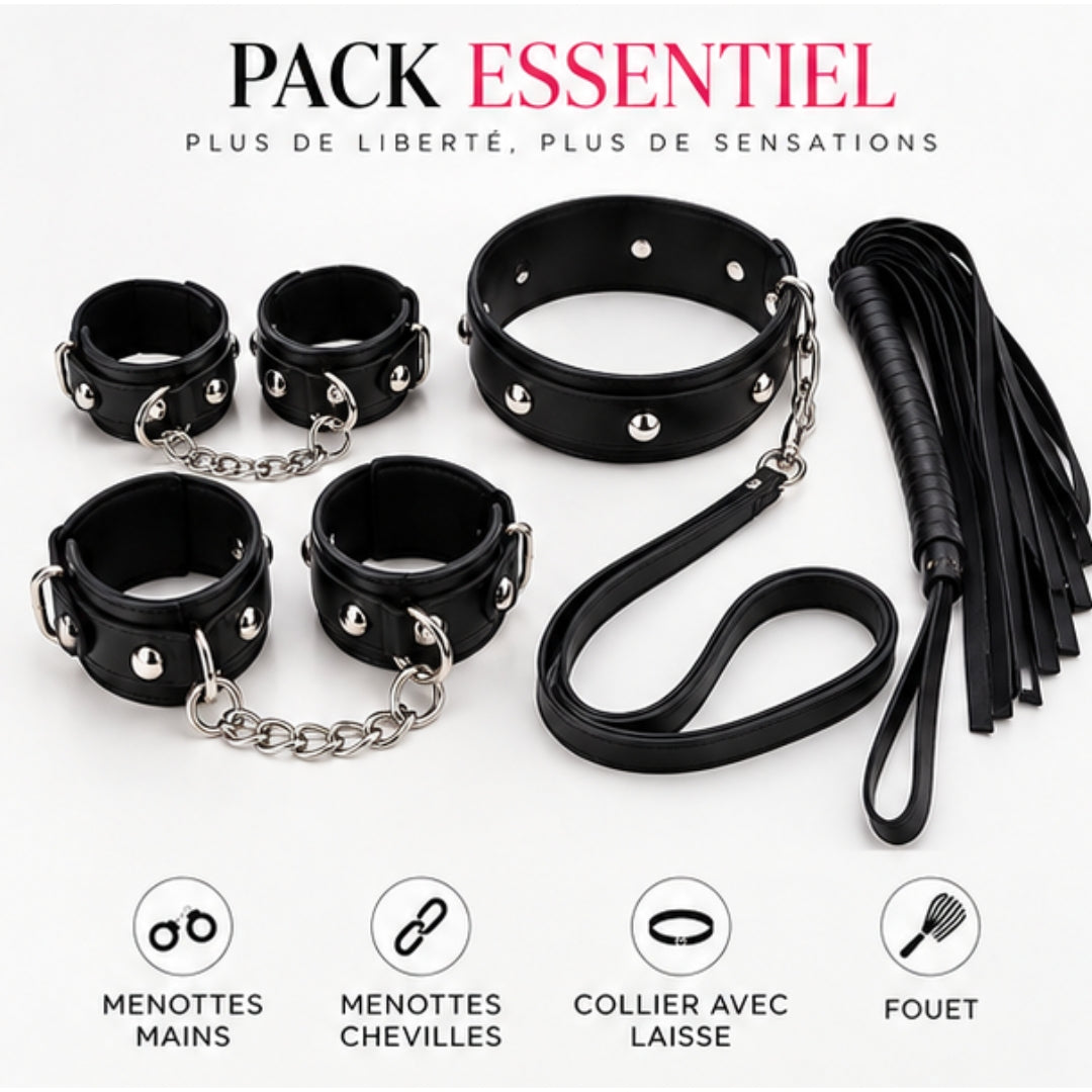 Pack Essentiel – Menottes Mains & Chevilles, Collier & Fouet