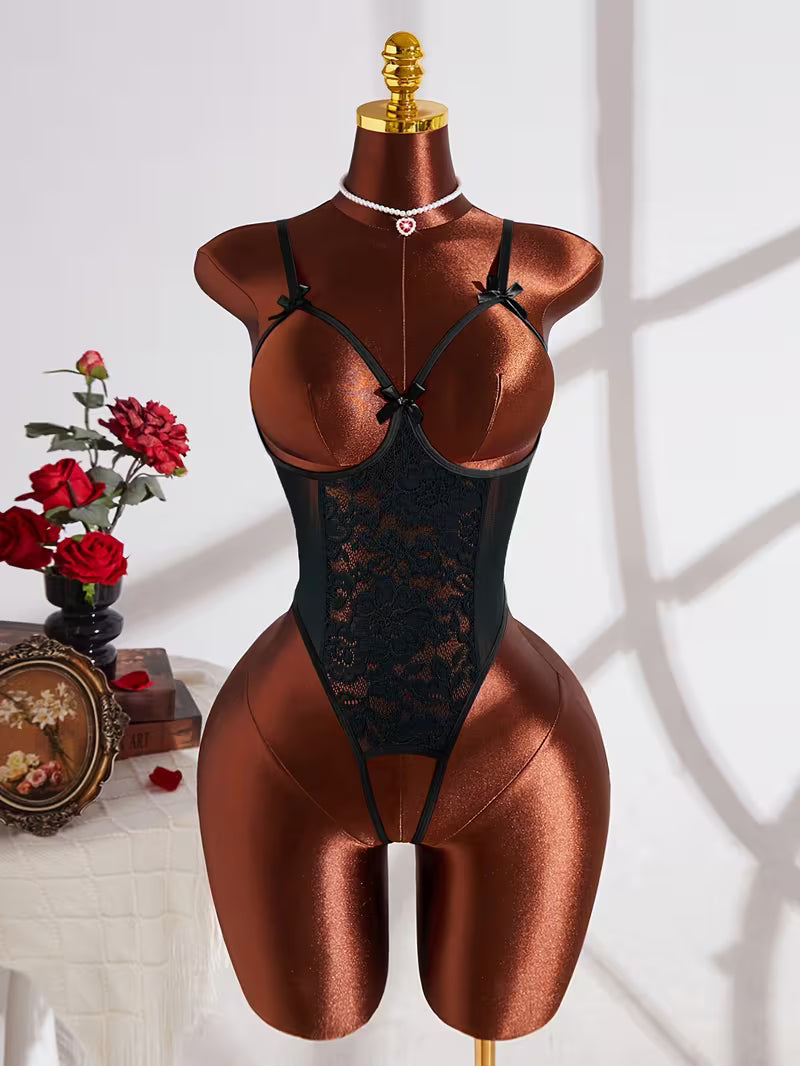 Body Lingerie Noir en Dentelle avec Nœuds