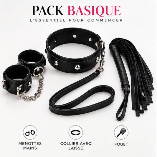 Pack Basique – Menottes, Collier avec Laisse & Fouet