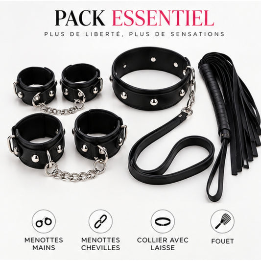Pack Essentiel – Menottes Mains & Chevilles, Collier & Fouet