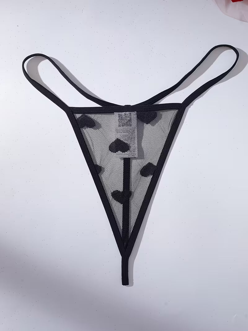 Ensemble Lingerie 3 Pièces en Tulle Noir à Cœurs