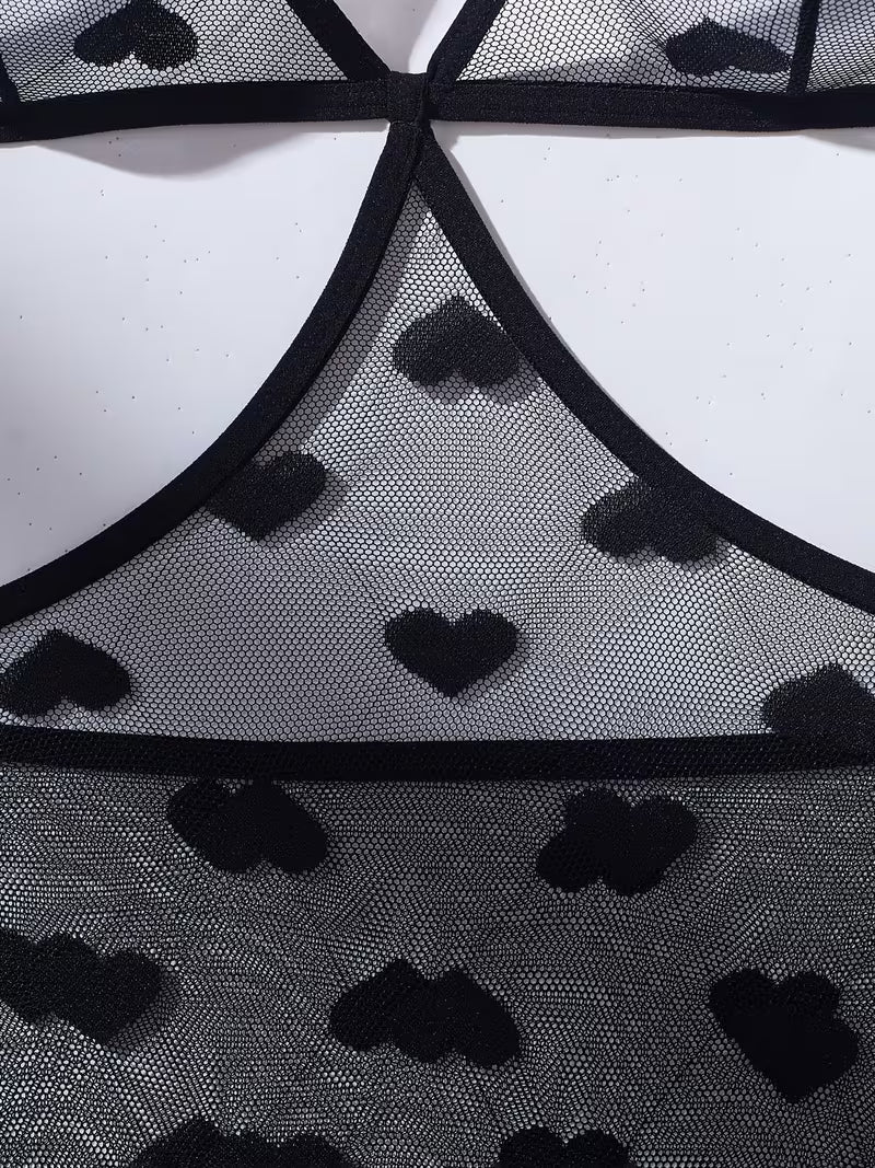 Ensemble Lingerie 3 Pièces en Tulle Noir à Cœurs