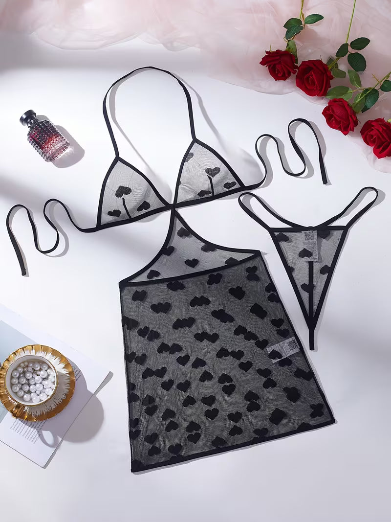 Ensemble Lingerie 3 Pièces en Tulle Noir à Cœurs