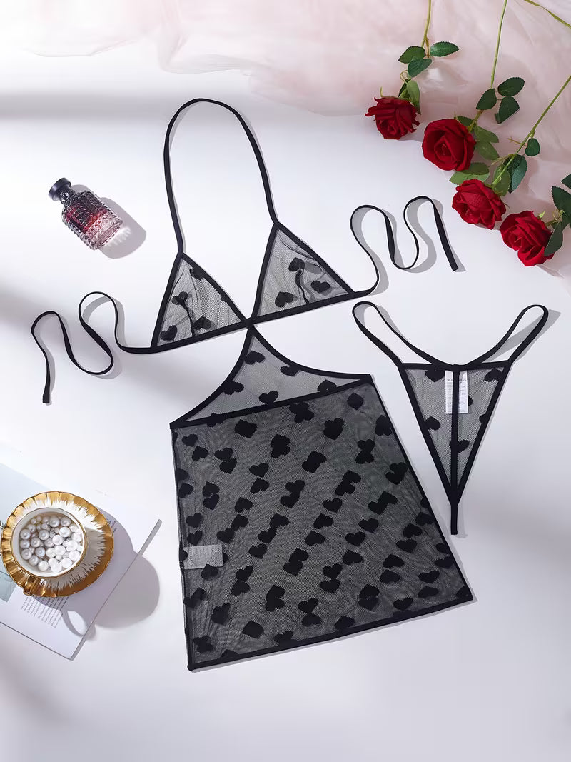 Ensemble Lingerie 3 Pièces en Tulle Noir à Cœurs
